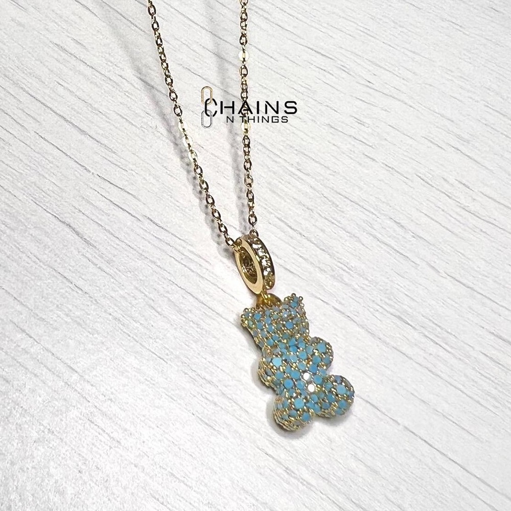 Gummy Bear Baby Blue gold plated Necklace Stainless steel 16" Crystal Zirconia💙